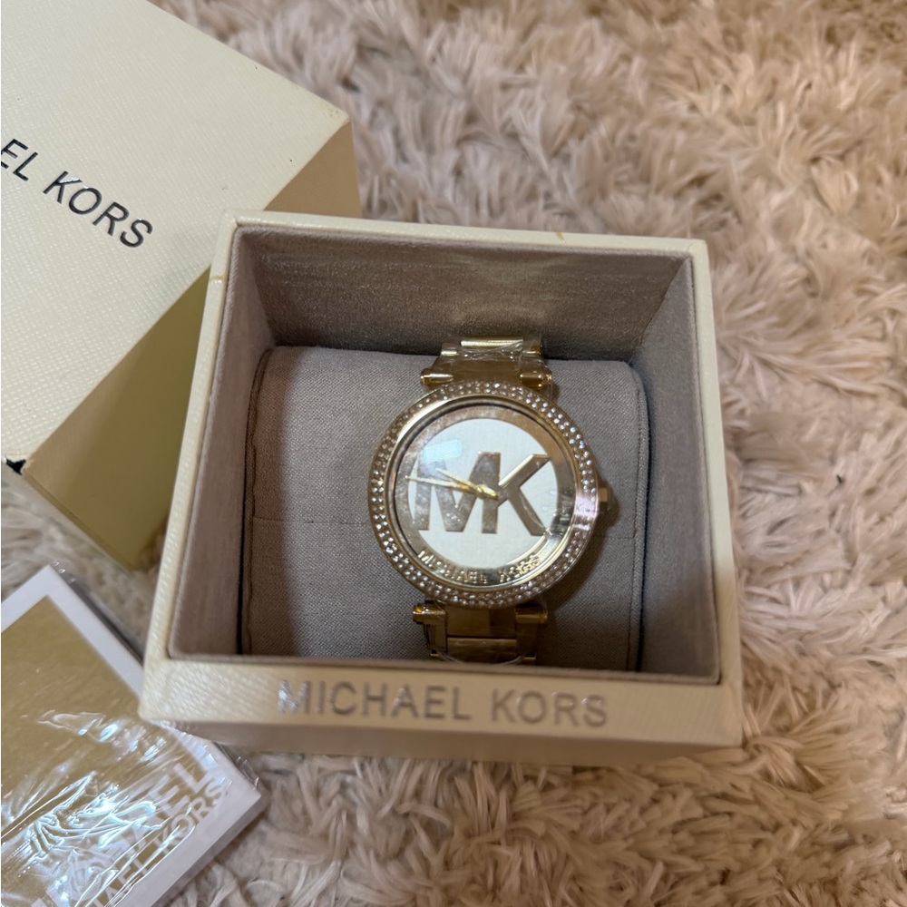 Michael Kors Gold and White MK Logo Crystal Bracelet Watch - Picture 2 of 3
